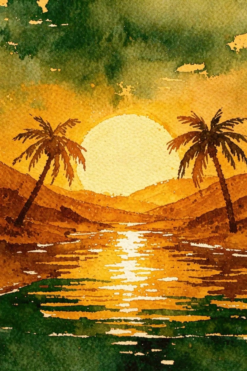 Watercolor sunset with two palm trees, hills, and reflective golden river.
