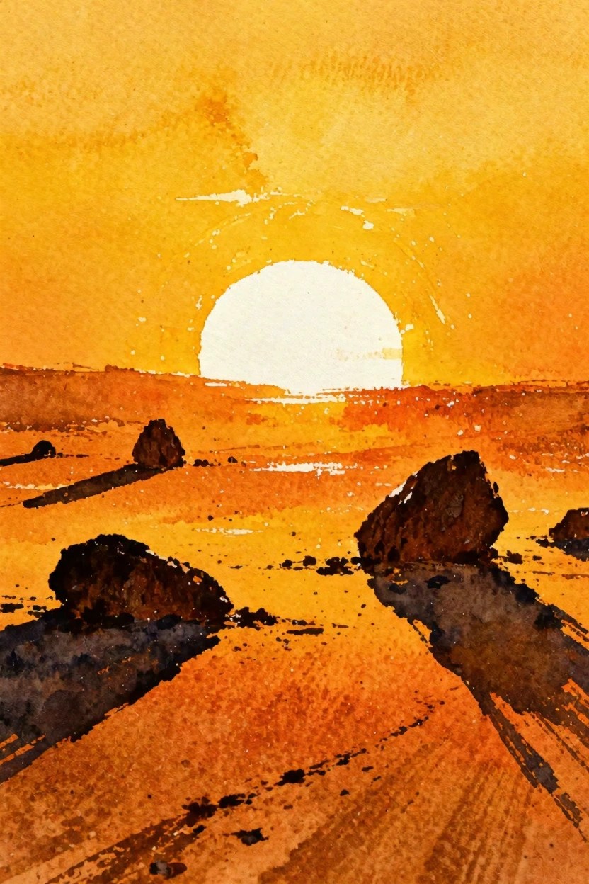 A watercolor painting of a desert landscape at sunset with a large white sun on the horizon, orange and yellow sky, and several dark rocks in the foreground.