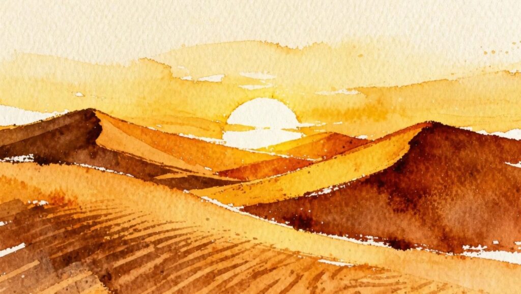22 Fresh Desert Landscape Painting Ideas for Warm Minimal Scenery Watercolor landscape of layered hills in warm orange and red tones beneath a glowing sun.