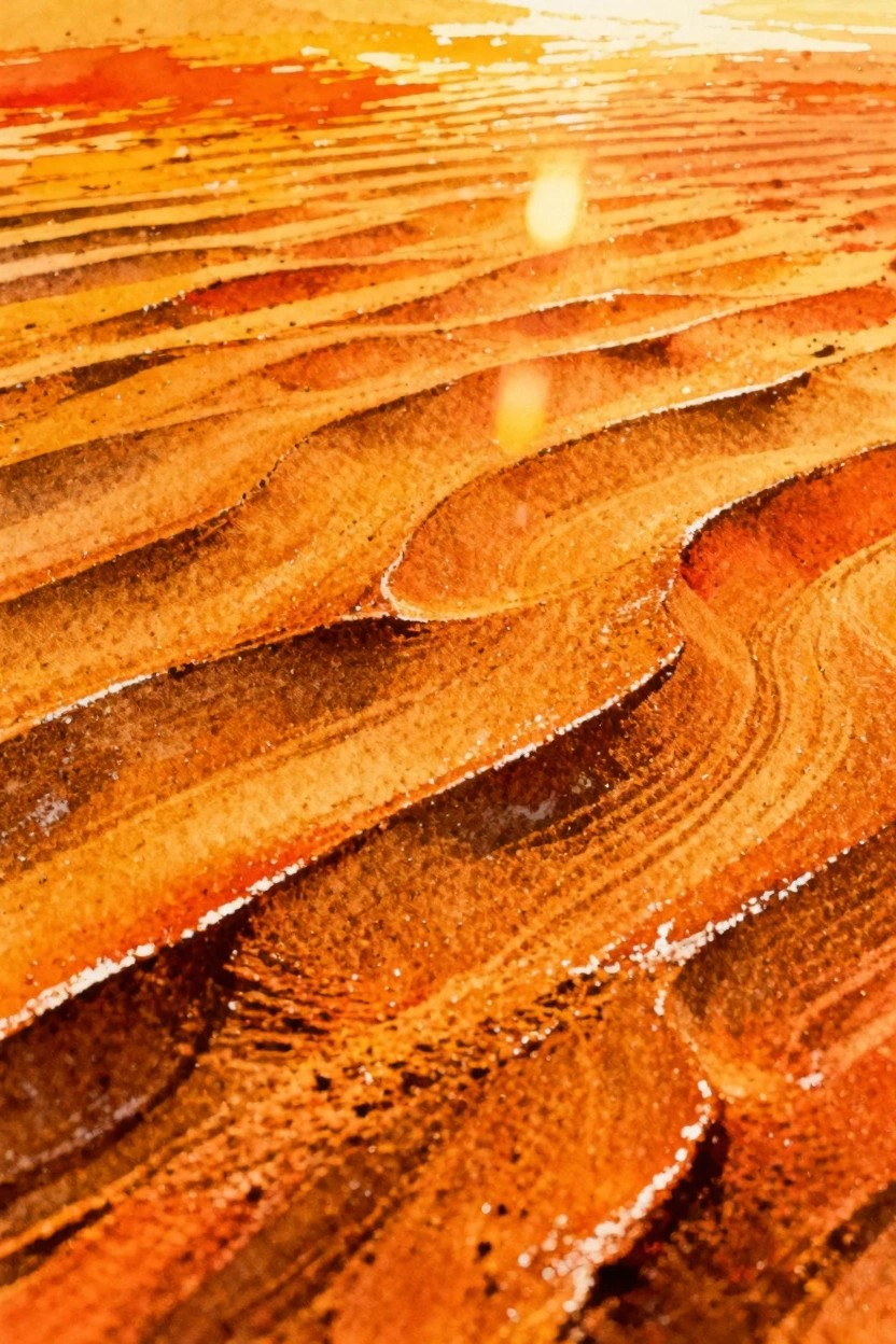 Vibrant watercolor of curving orange-brown hills glowing under radiant sun