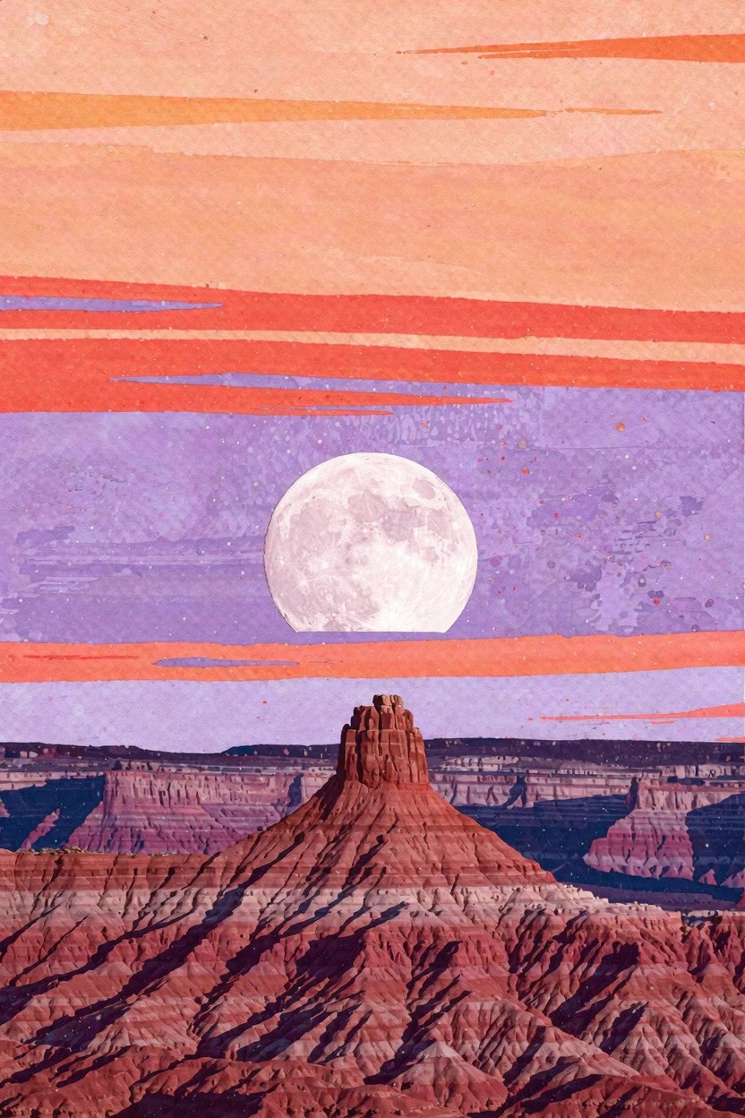 Watercolor landscape of full moon above butte in striped desert canyons