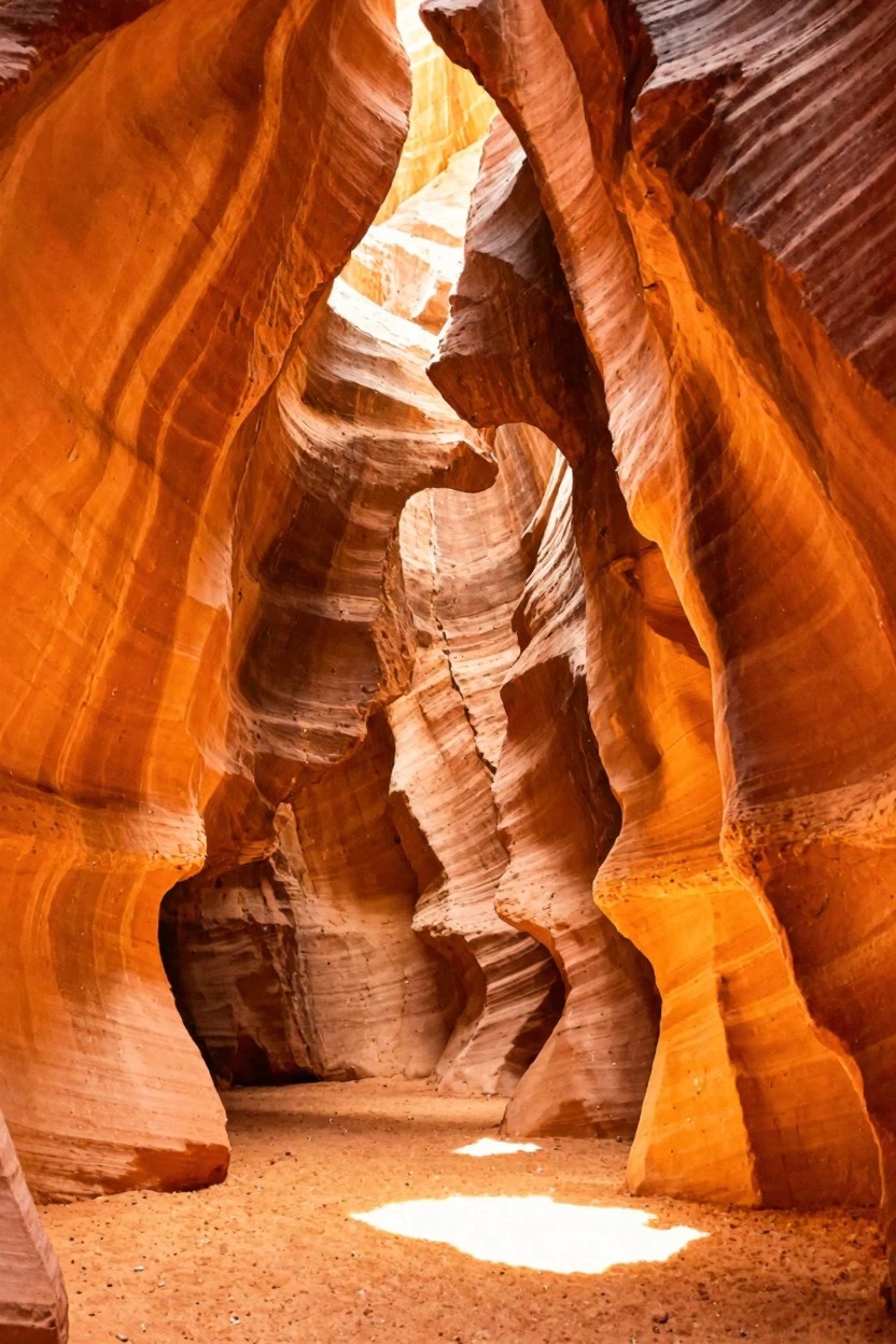 A narrow slot canyon with tall layered orange and red rock walls and bright patches of sunlight on the sandy floor.