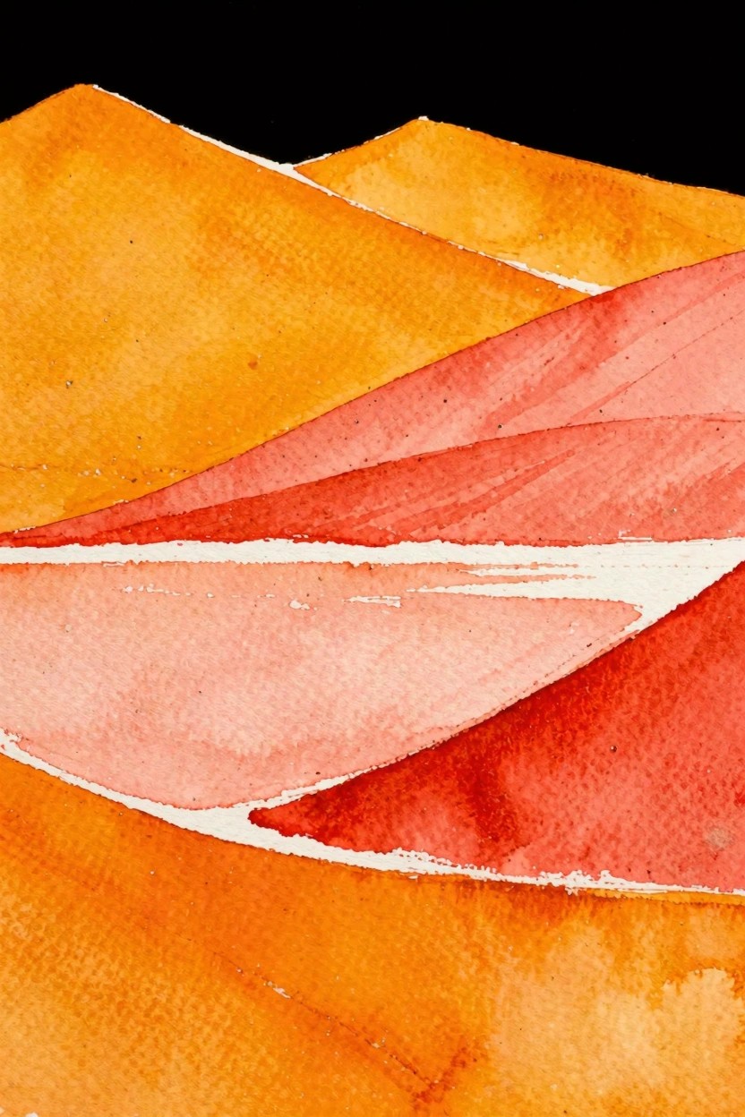 Abstract watercolor of layered orange-red hills with flowing white highlights on black.