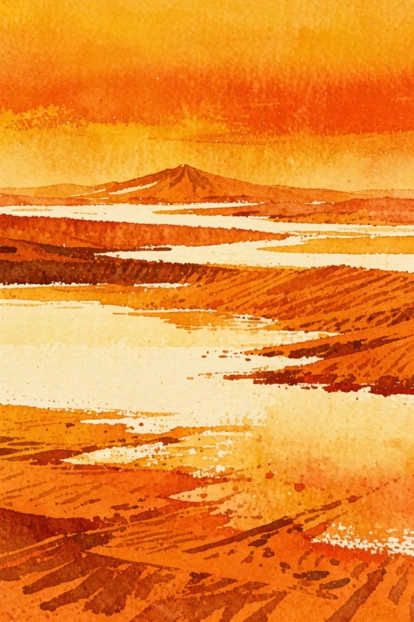 Watercolor painting of a desert landscape with layered orange hills, a winding pale path, and a distant mountain peak under a gradient orange sky.