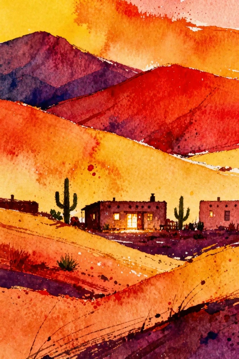Watercolor desert landscape with adobe homes, cacti, and vibrant sunset mountains.