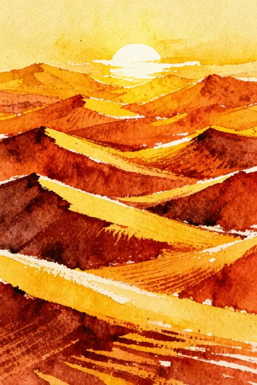 Watercolor landscape of layered hills in warm orange and red tones beneath a glowing sun.