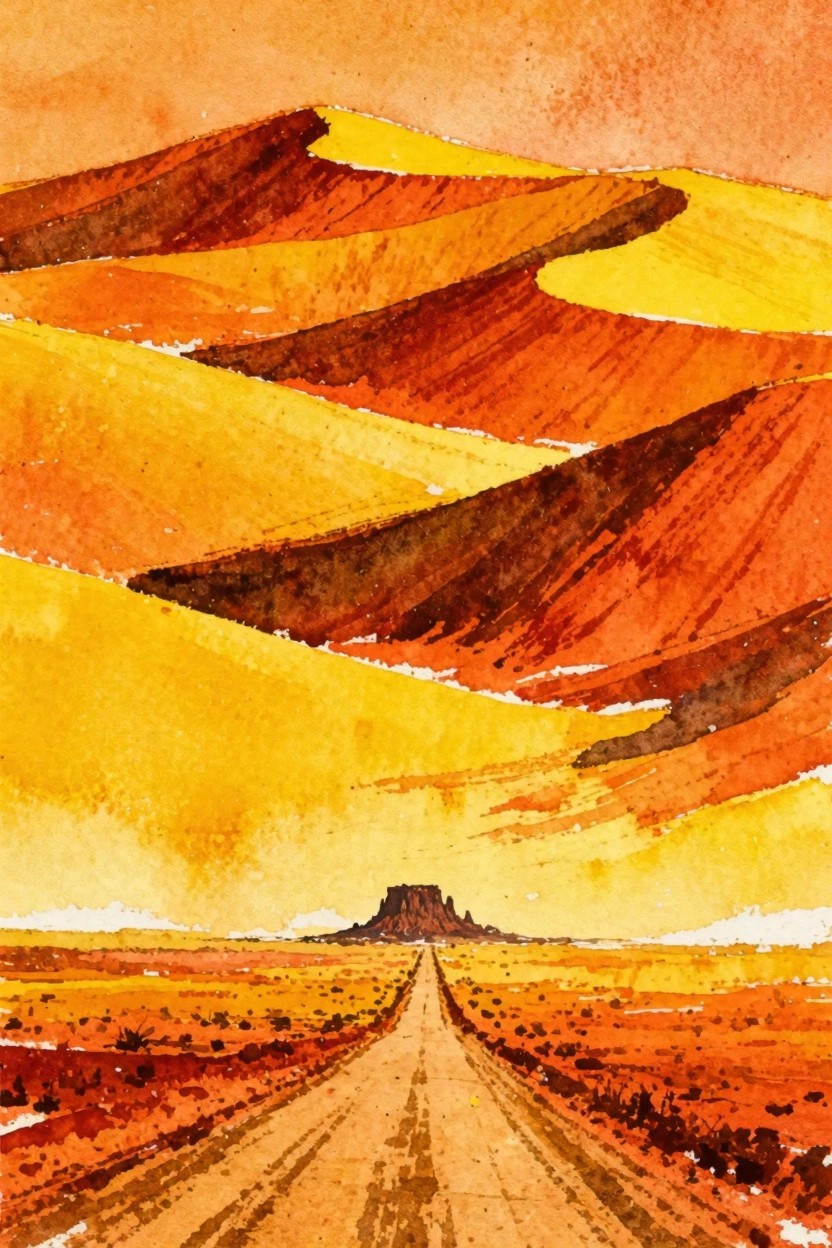 Watercolor of desert road through layered orange-yellow hills toward distant butte