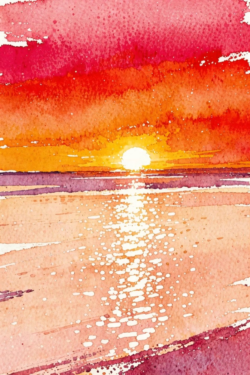 Vibrant watercolor sunset over ocean with glowing sun reflecting on sandy beach