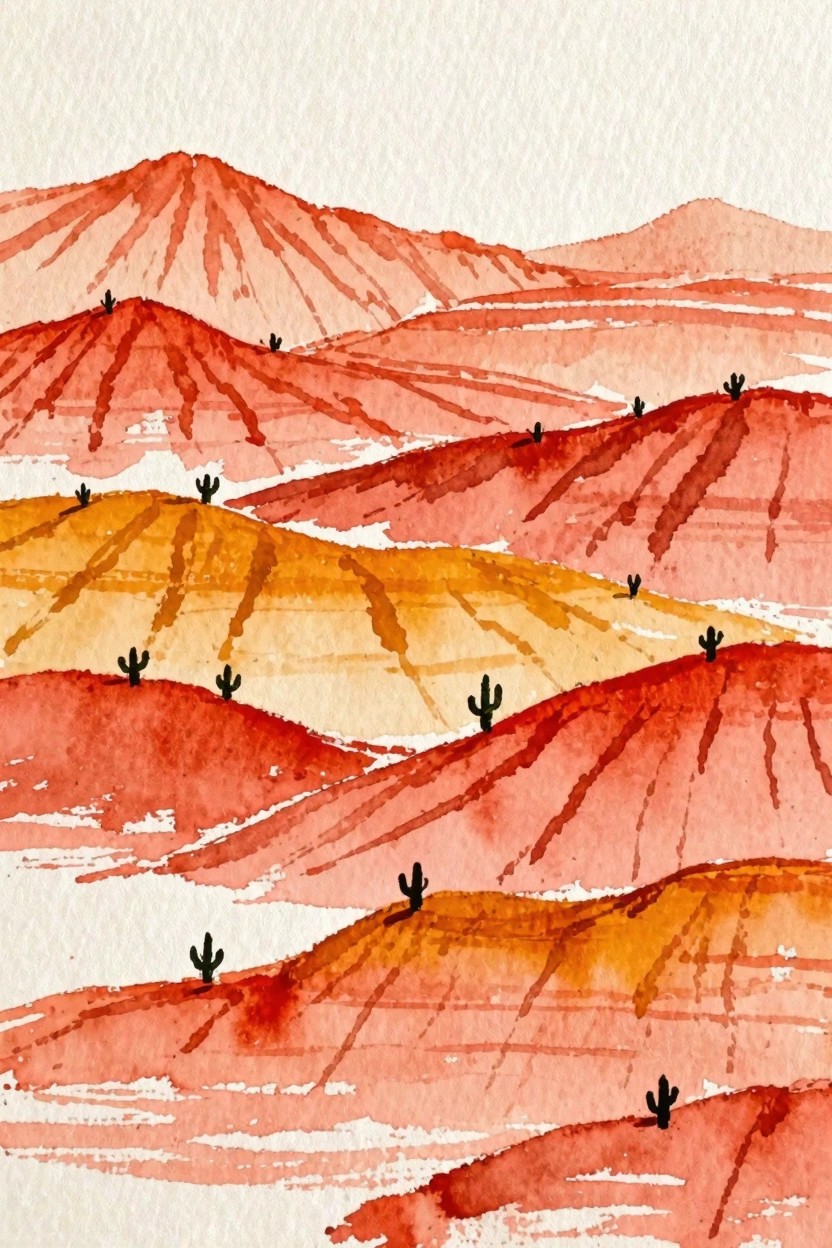 Watercolor desert landscape with layered red-orange hills and black cacti silhouettes