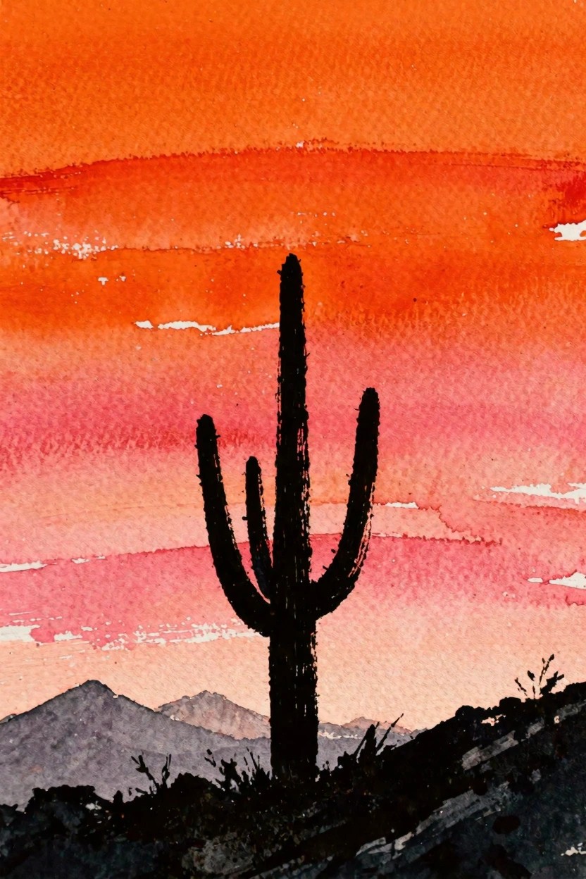 A black silhouette of a saguaro cactus stands against a gradient orange and pink sunset sky with mountains at the base.