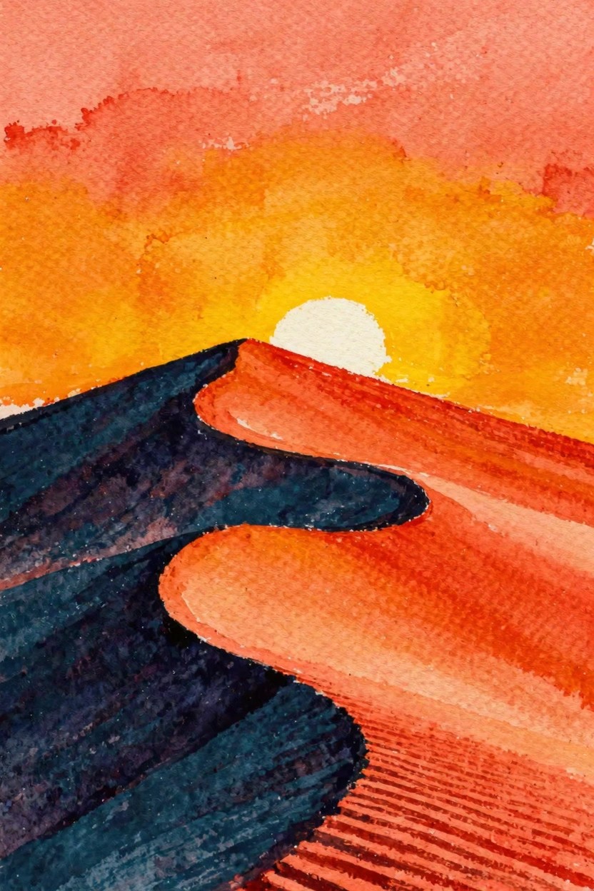 Watercolor sunset over wavy orange dunes with dark blue shadows.