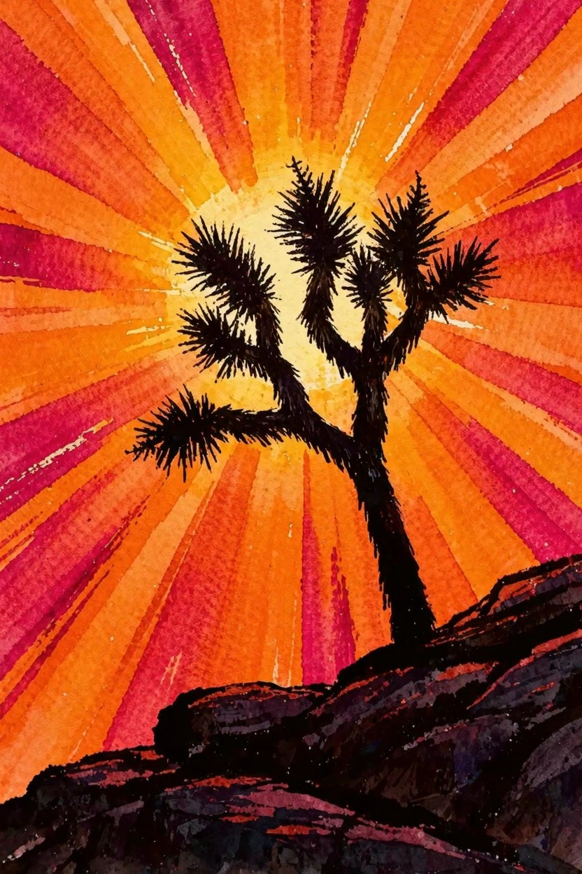 Silhouetted Joshua tree against vibrant orange pink radiating sunset rays over rocks