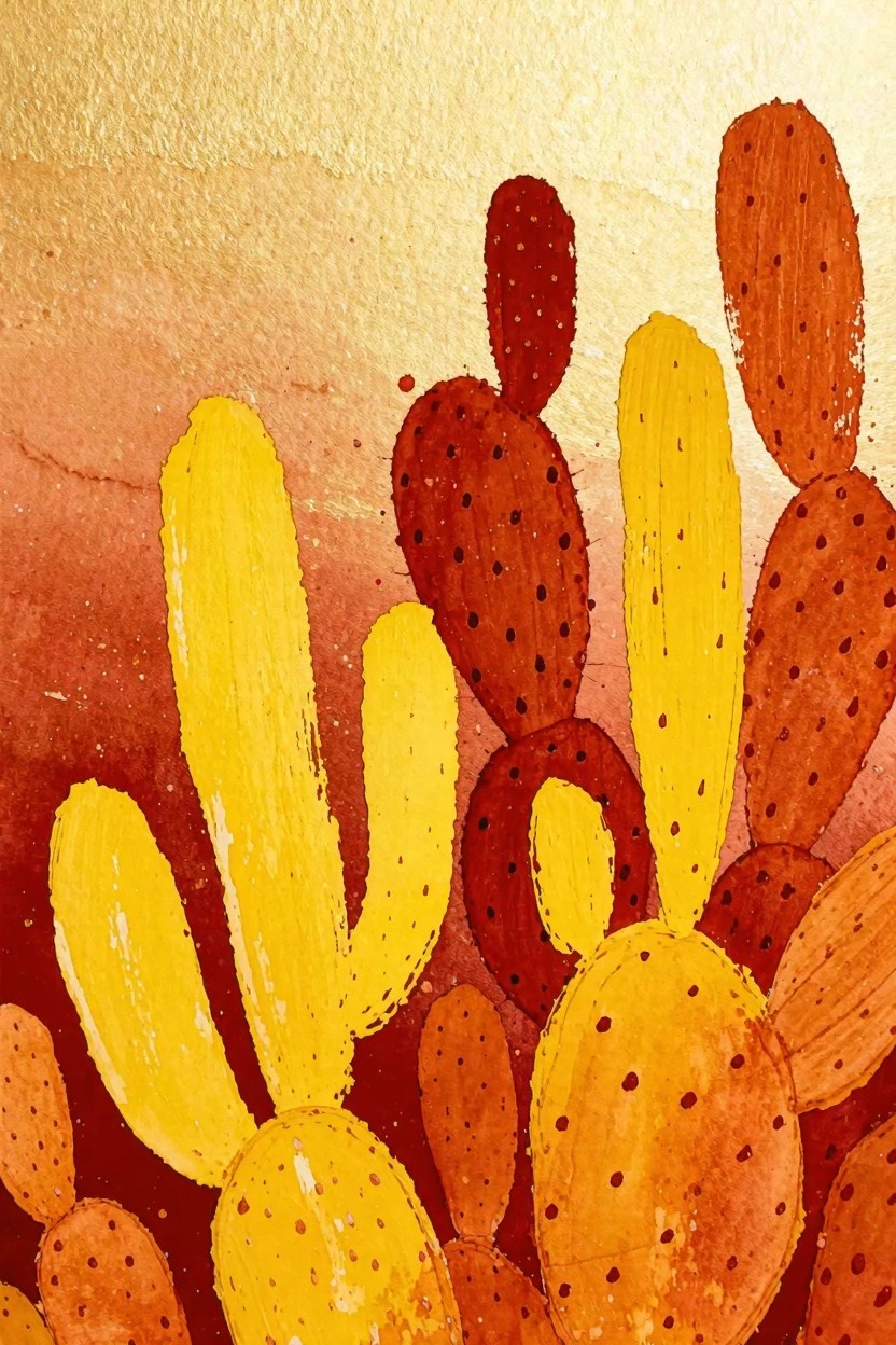 Vibrant watercolor prickly pear cacti in yellow, orange, and red tones on warm gradient background.