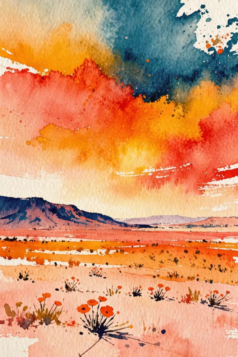 Vibrant watercolor of fiery sky over orange desert with mountains and wildflowers.