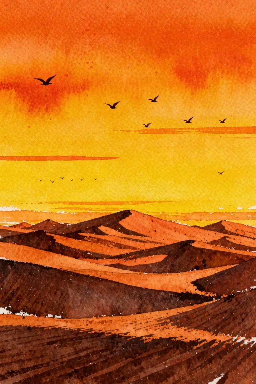 Watercolor painting of layered orange and brown sand dunes under a yellow and red sunset sky with several black birds in flight.