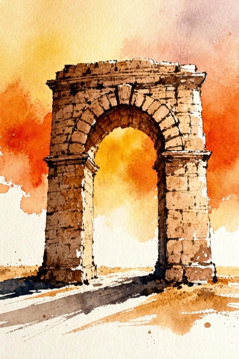 Watercolor painting of ancient stone archway under vibrant orange sunset sky.