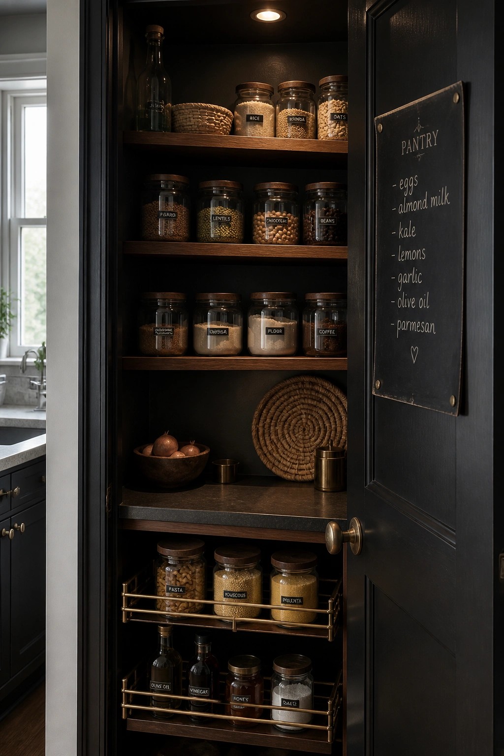 A pantry with deep charcoal painted doors and open shelving.