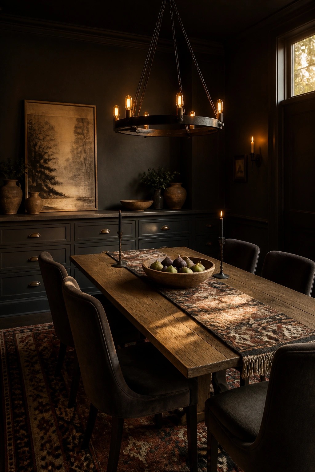 Dark charcoal walls in a dining room with a wooden table and chairs.