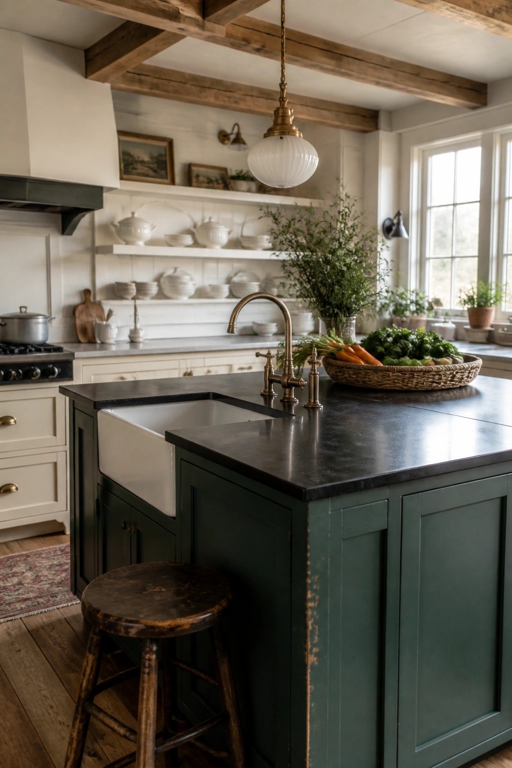 A kitchen island and lower cabinets painted in deep green with a white farmhouse sink.