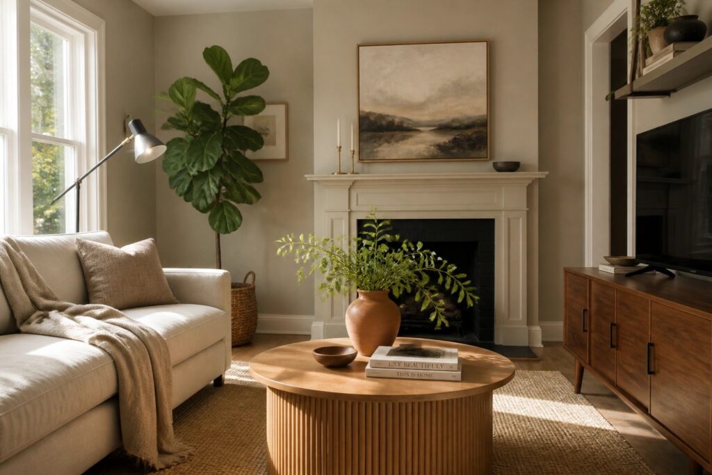 22 Fresh Interior Paint Colors for a Whole Home Refresh That Still Feels Livable Living room with soft greige walls and white fireplace mantel.