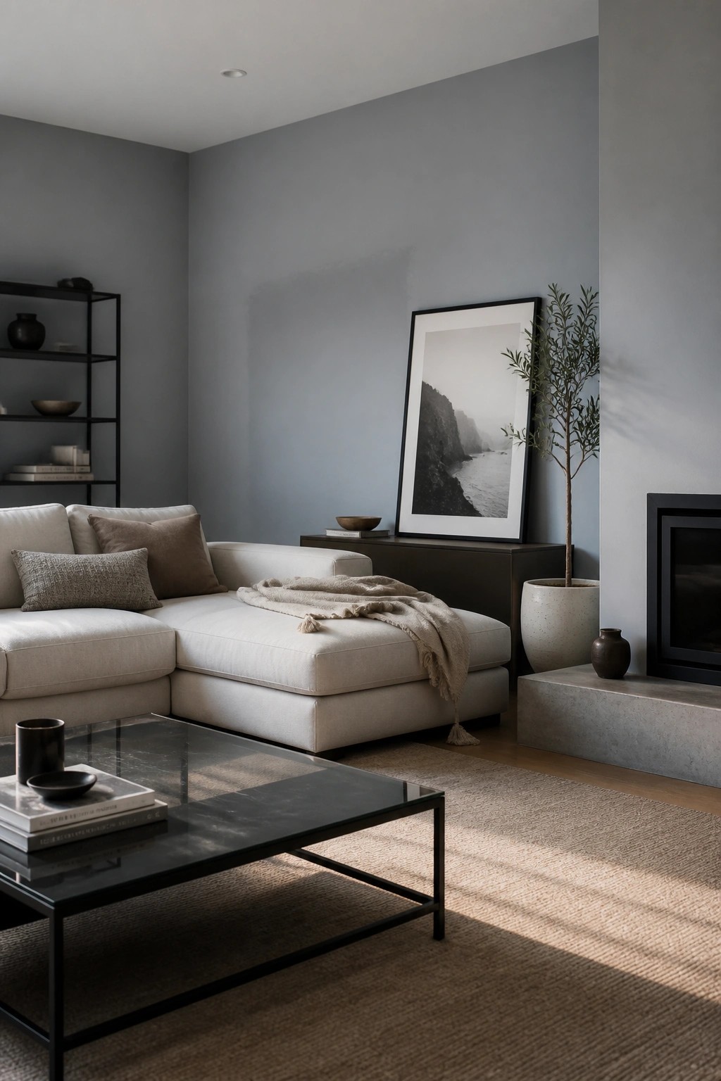 Living room with muted blue gray walls and a light sectional sofa.