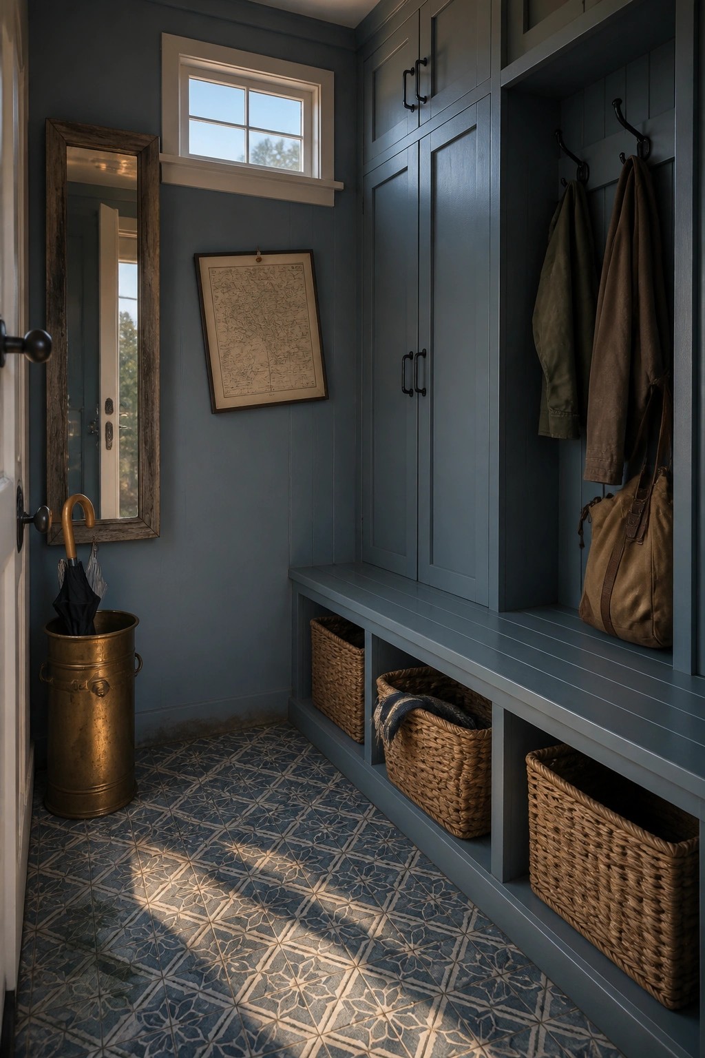 A mudroom with walls and cabinetry painted in a muted blue gray.