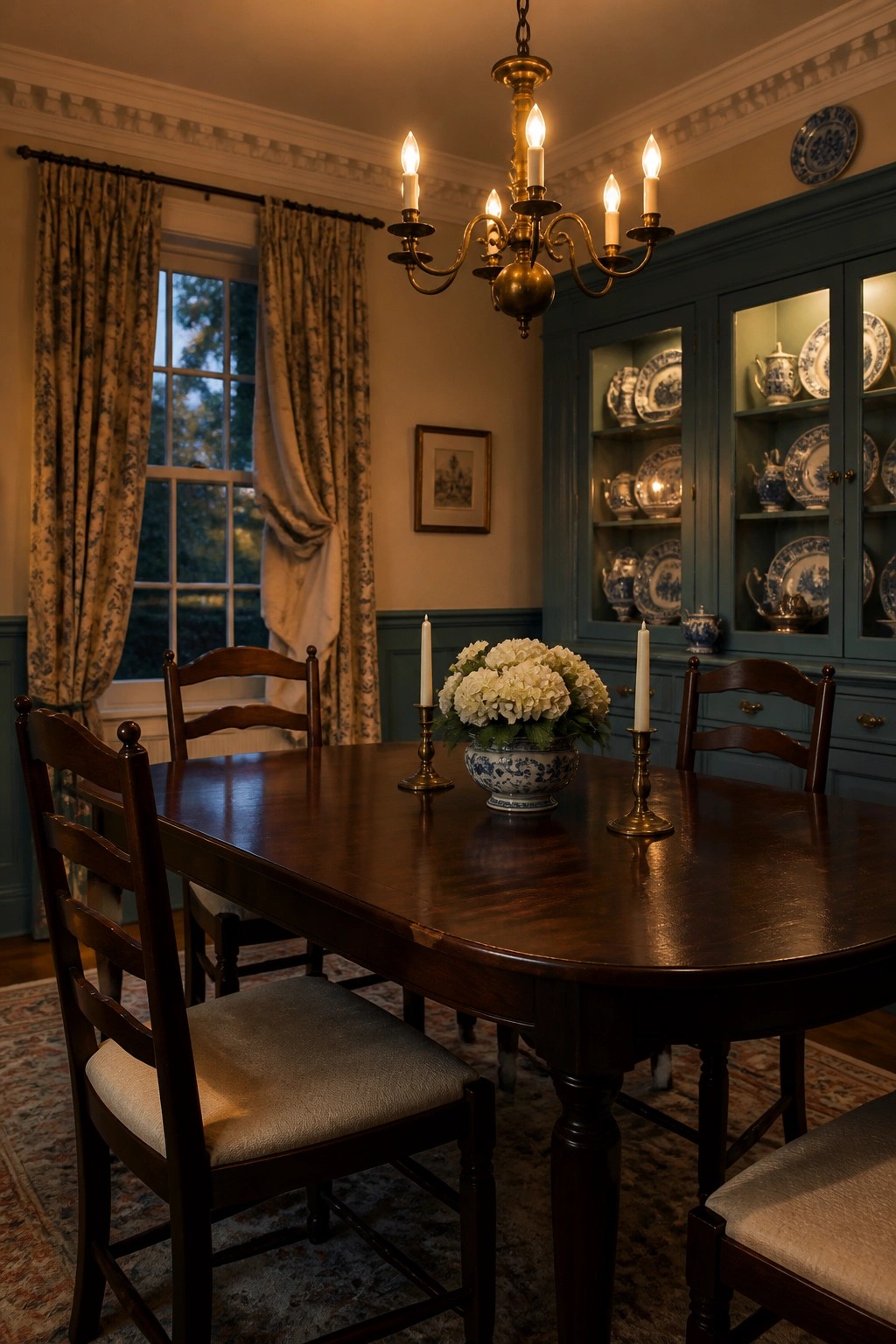 A dining room with muted blue green walls and matching built in cabinetry.