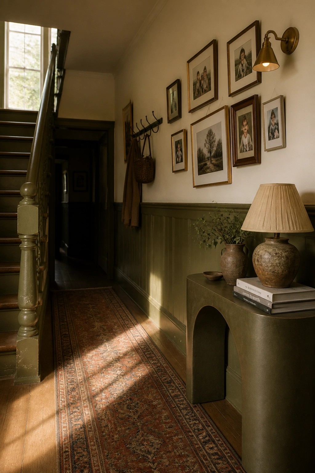 A hallway with muted green wainscoting along the lower walls.