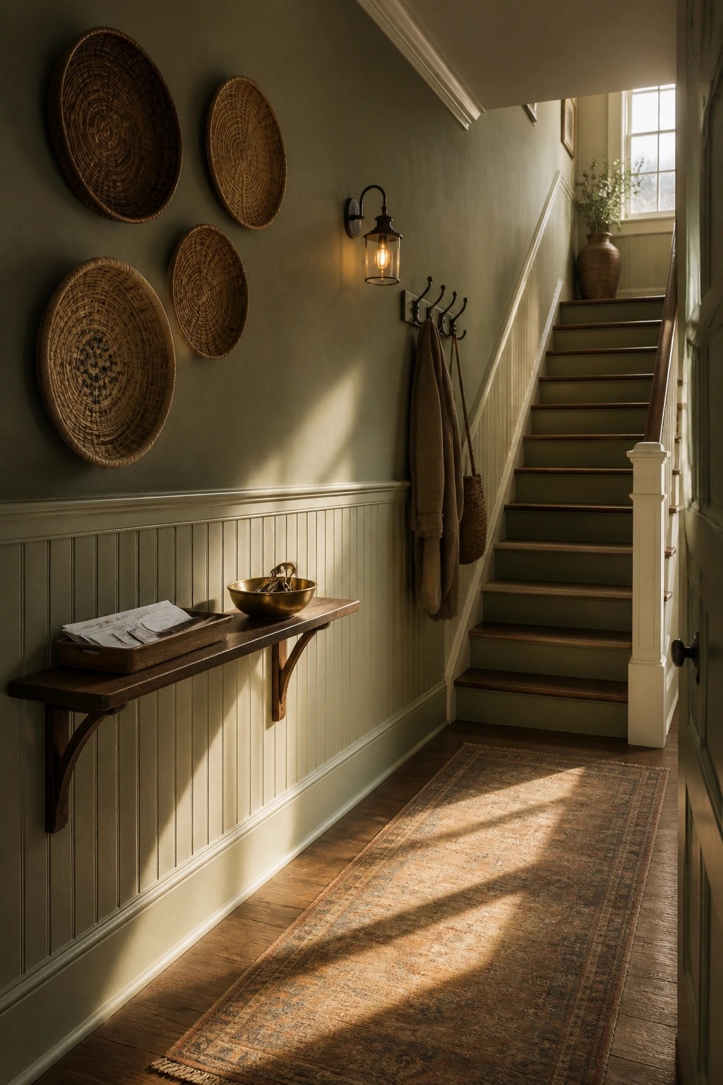 Sunlit hallway with sage walls, woven baskets, wooden shelf, hooks, and staircase runner.