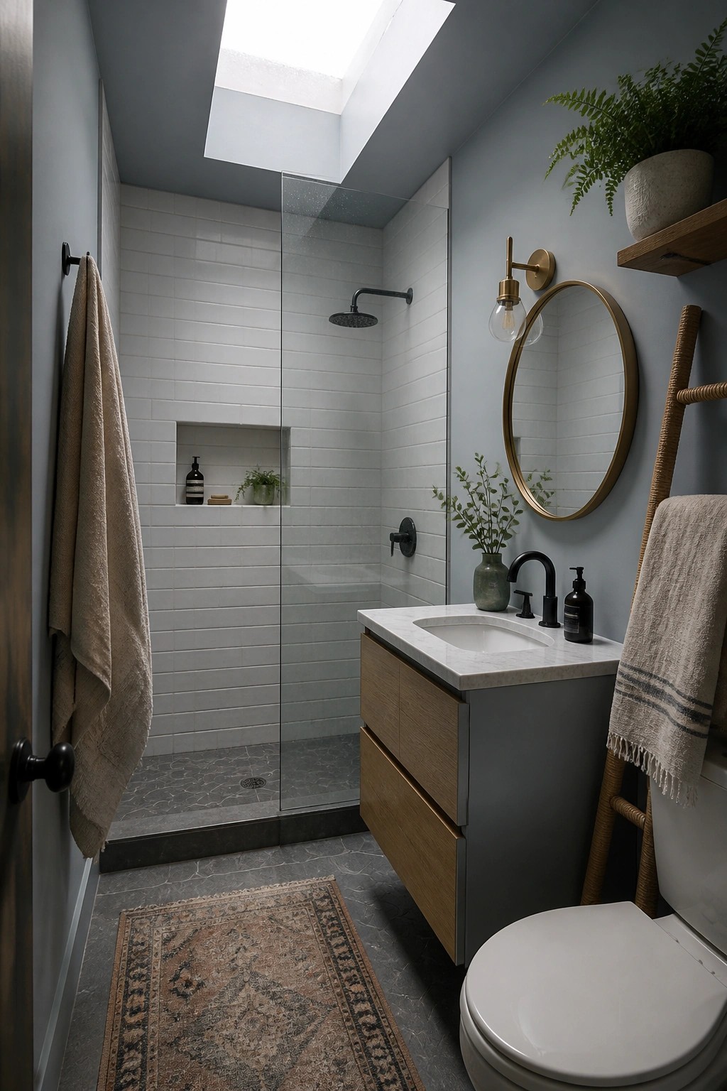 Modern bathroom with skylight, glass shower, wooden vanity, round mirror, and toilet.