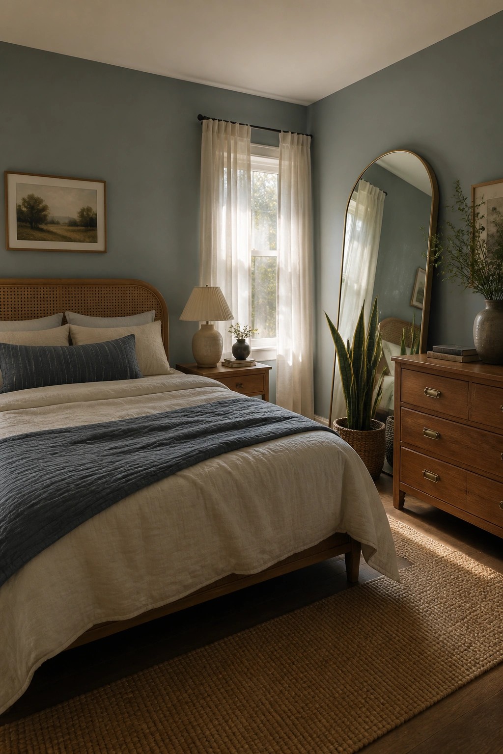 A bedroom with soft blue-gray walls and wooden furniture.