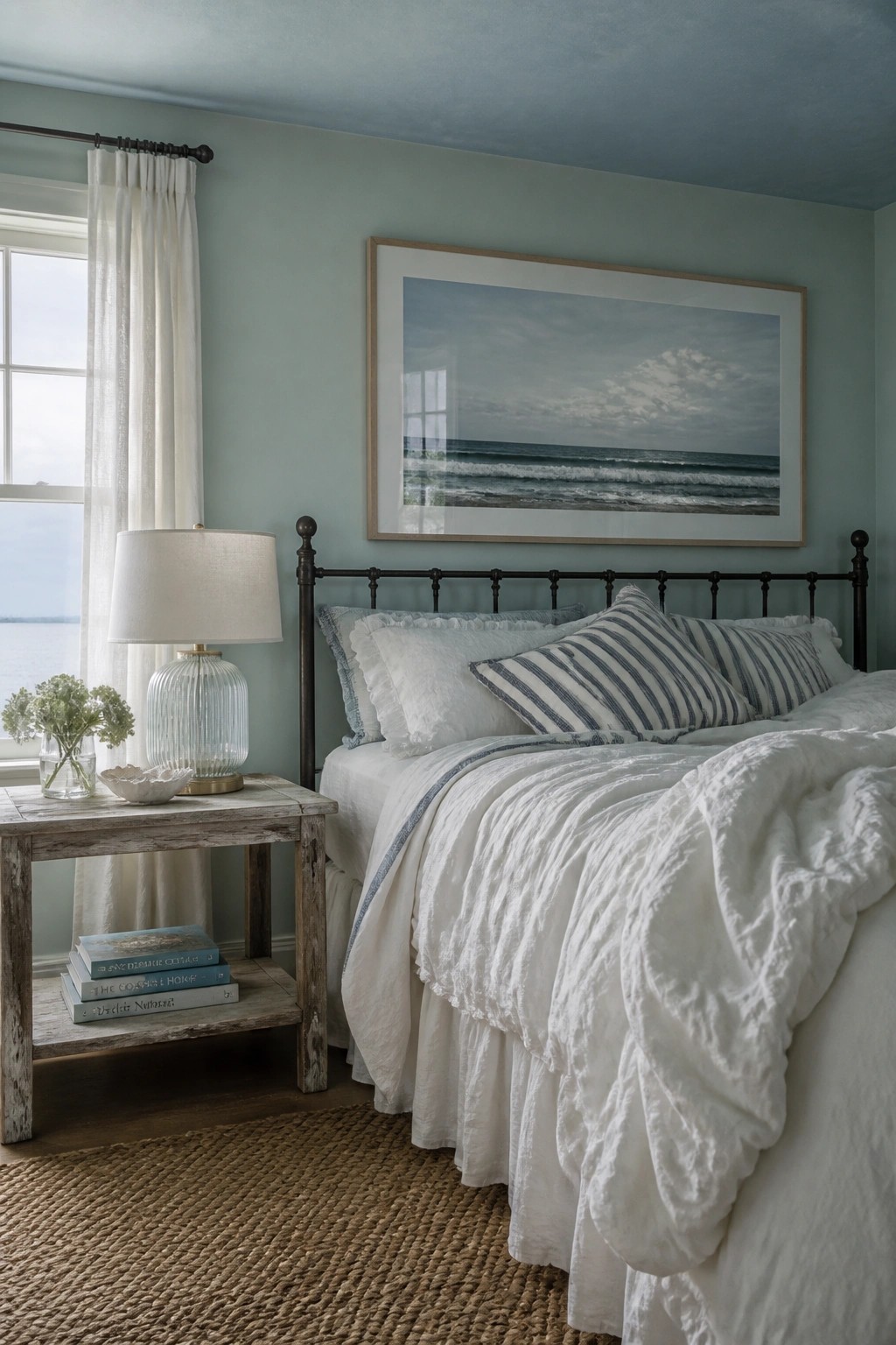 Coastal bedroom with white bedding, black metal bed, ocean art, and wooden nightstand.
