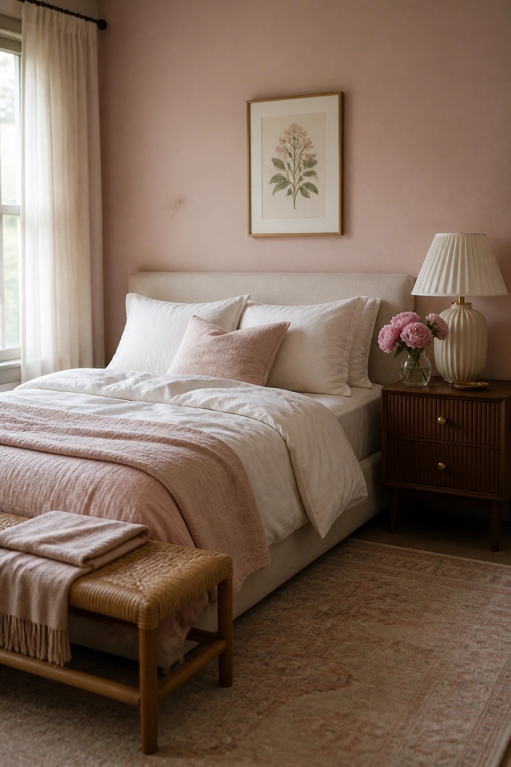 A bedroom with soft blush pink walls and a white bed.