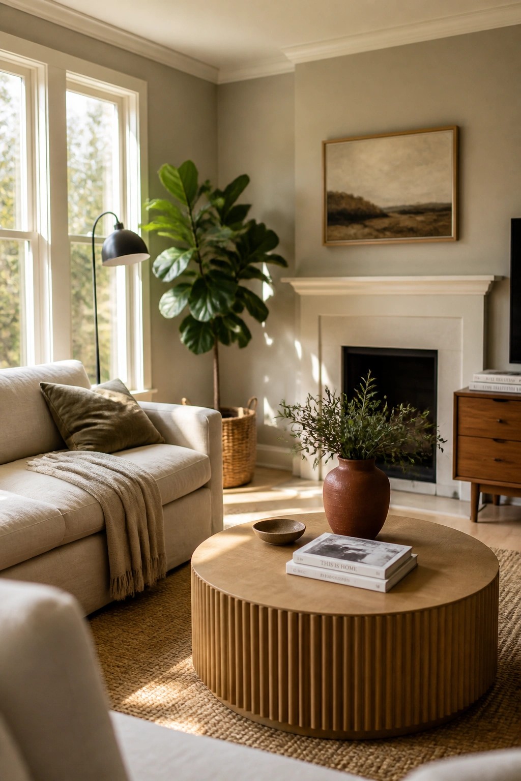 Living room with soft greige walls and white fireplace mantel.