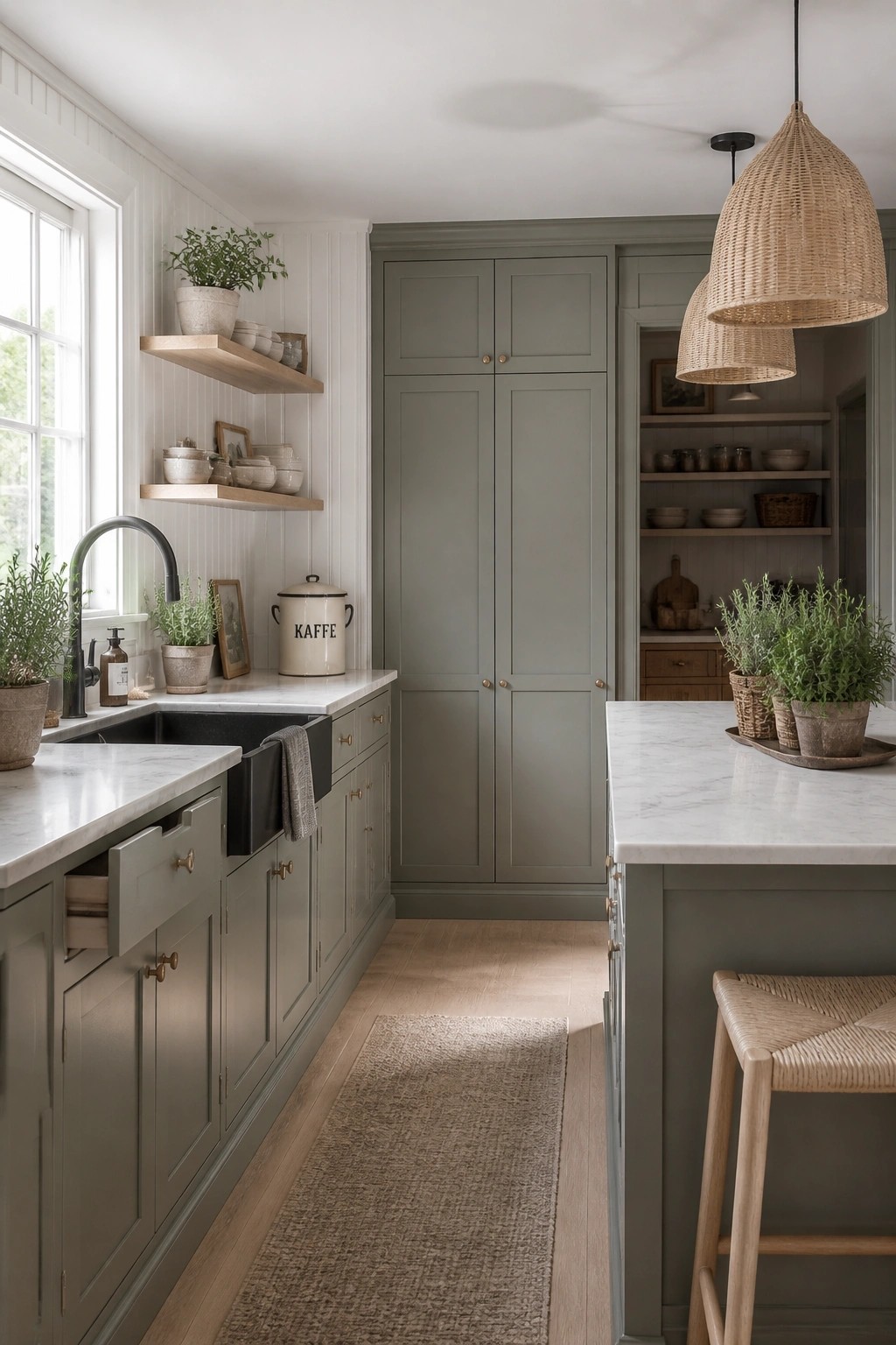 Sage green kitchen cabinets with marble counters and wood flooring.