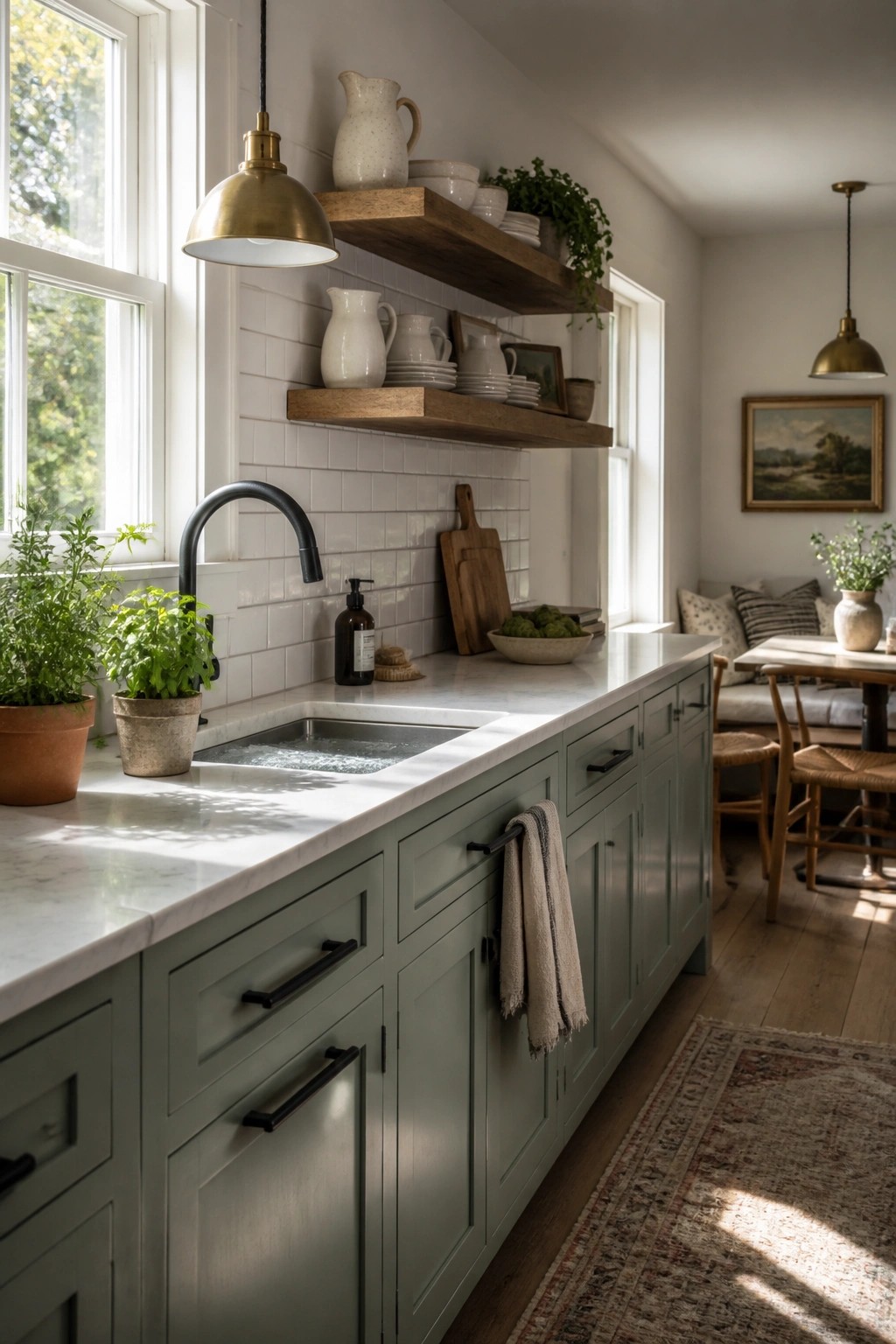 Sage green kitchen cabinets with white marble counters and open wood shelves.