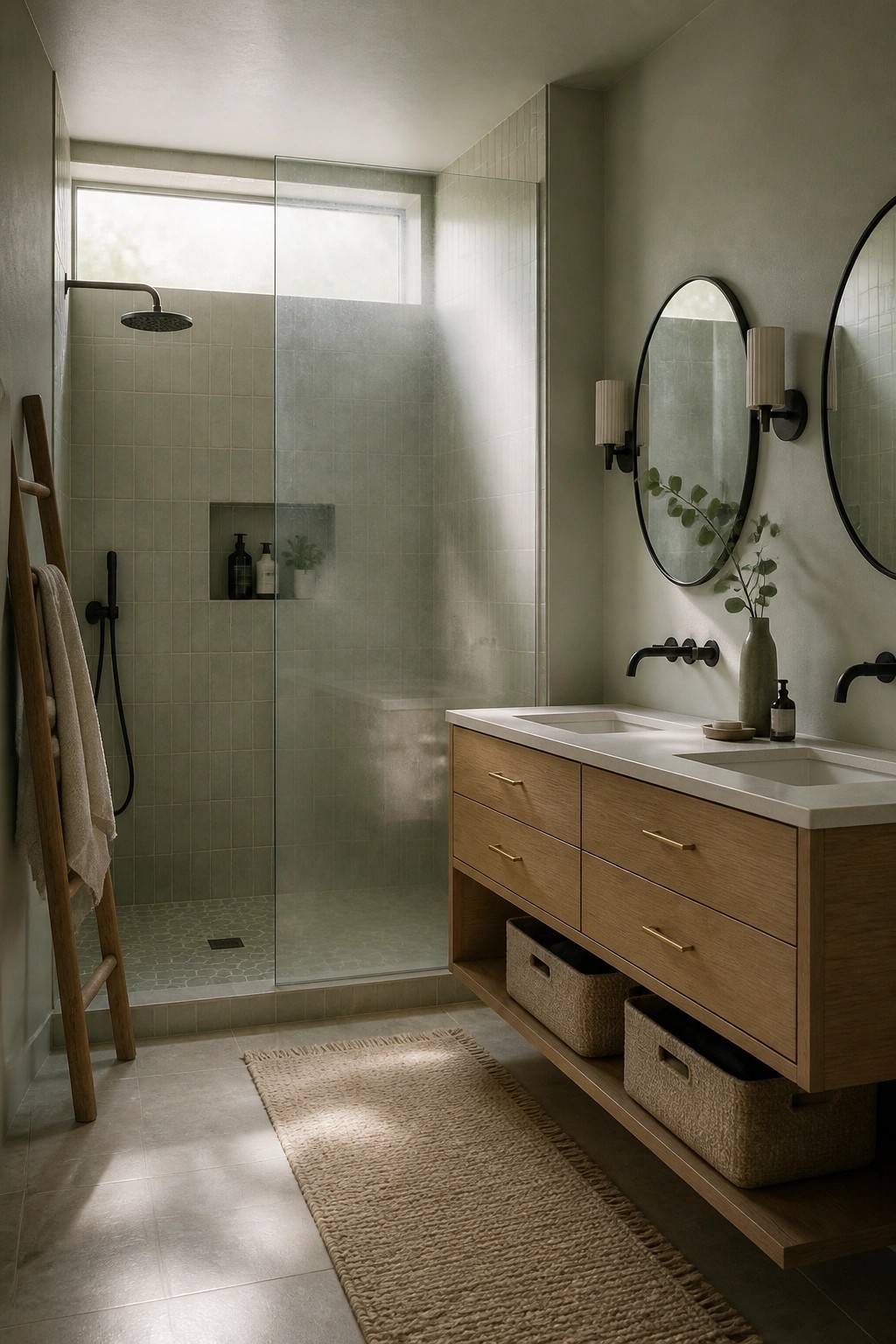 A bathroom with soft sage green walls and a floating wood vanity.