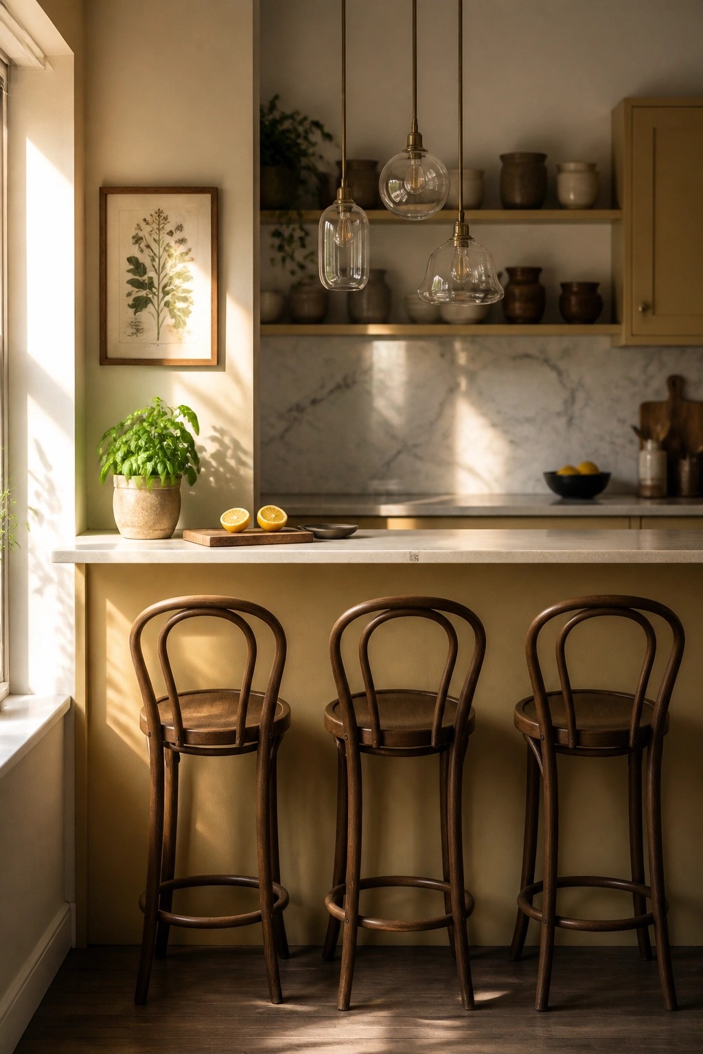 A kitchen with soft warm beige walls and wooden bar stools along a marble counter.