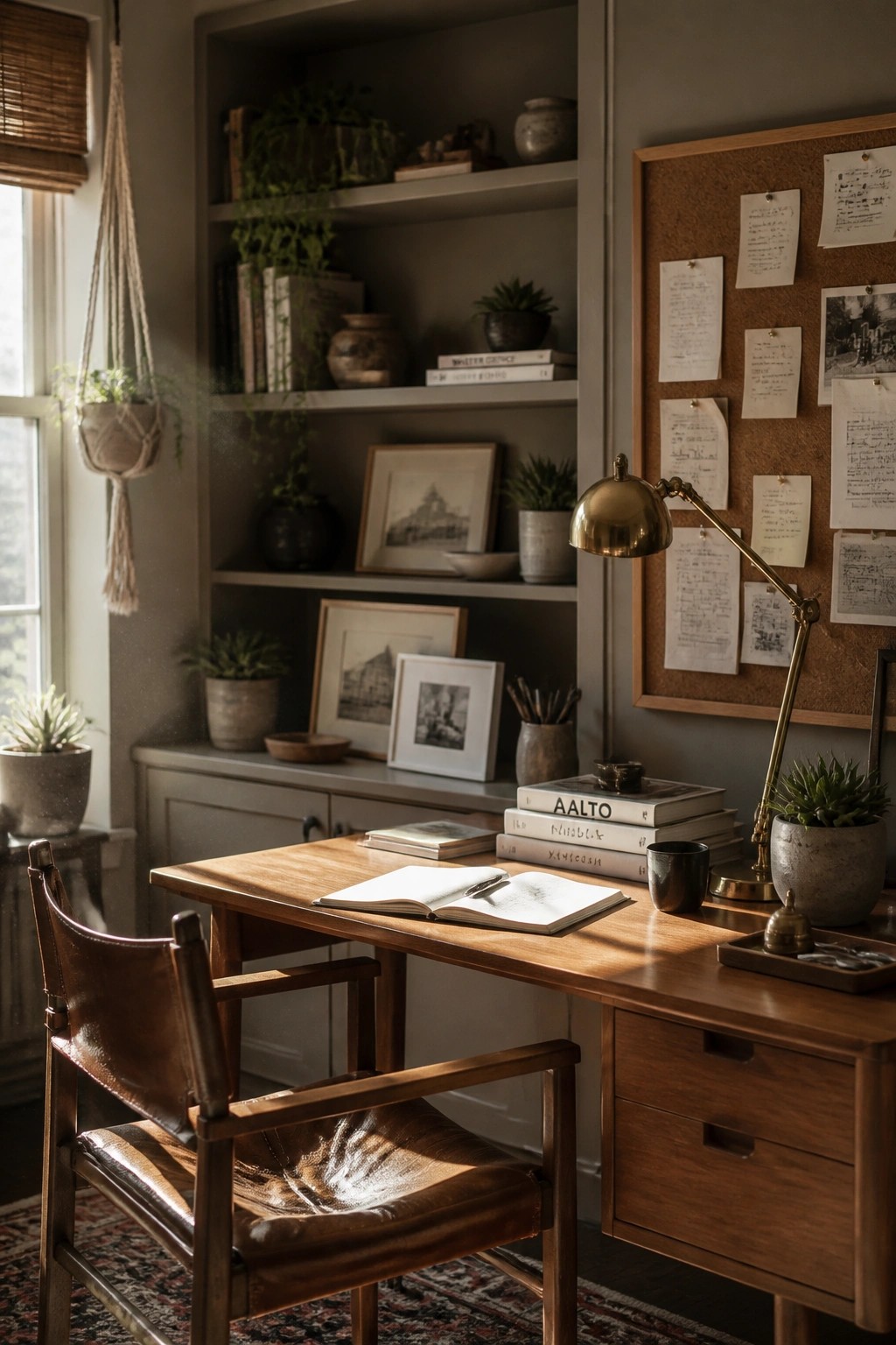 A home office with soft warm gray walls and wooden built-in shelves.