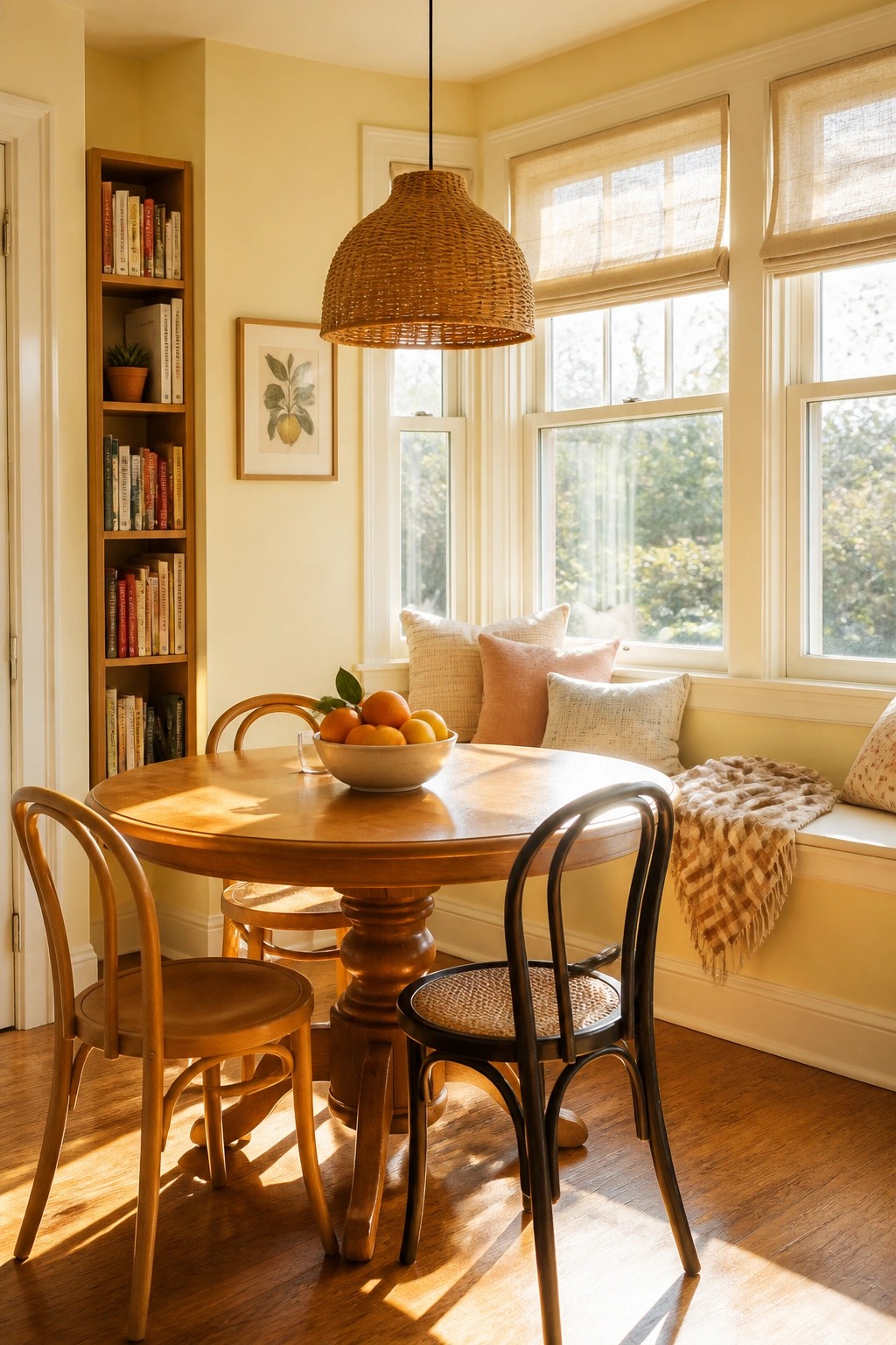 Cozy yellow dining nook with round wooden table, woven lamp, and window seat.