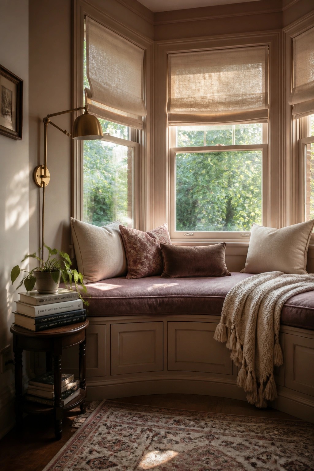 Bay window seat with warm greige walls and neutral cushions.