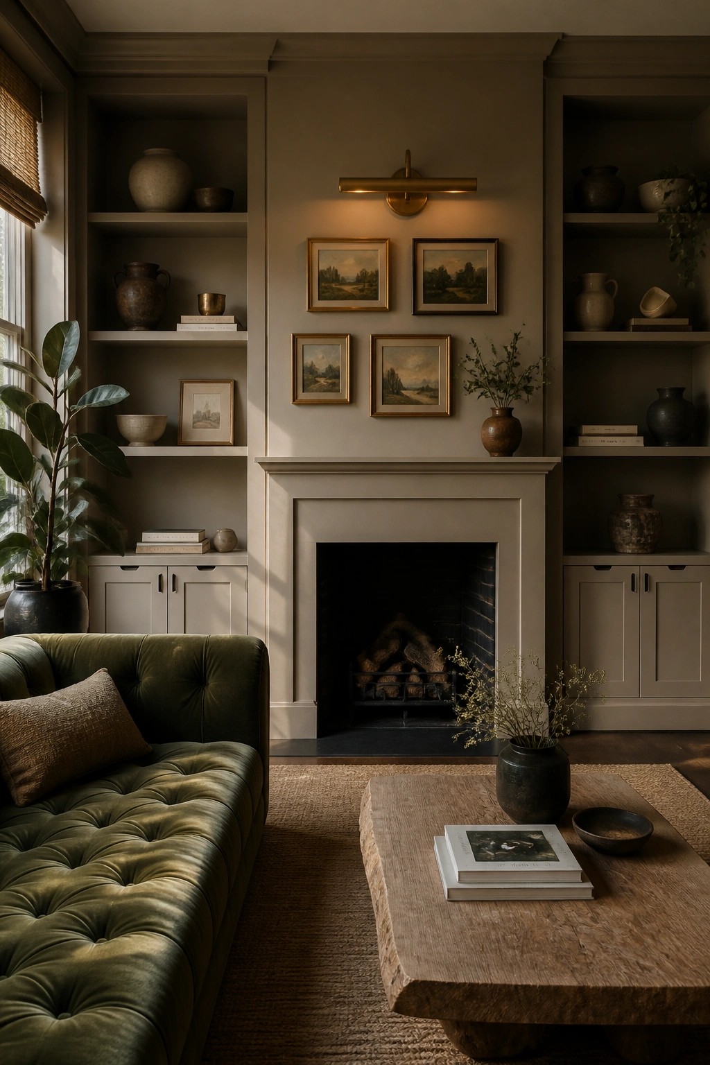 A living room with warm greige walls and built-in cabinetry around a fireplace.