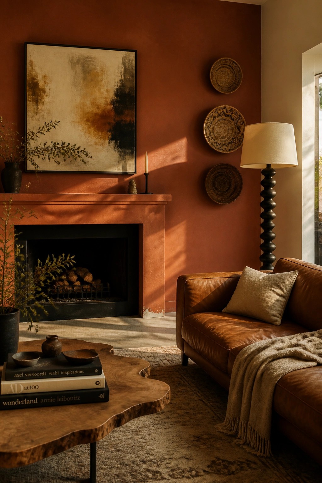 A living room featuring warm terracotta walls around a dark fireplace.