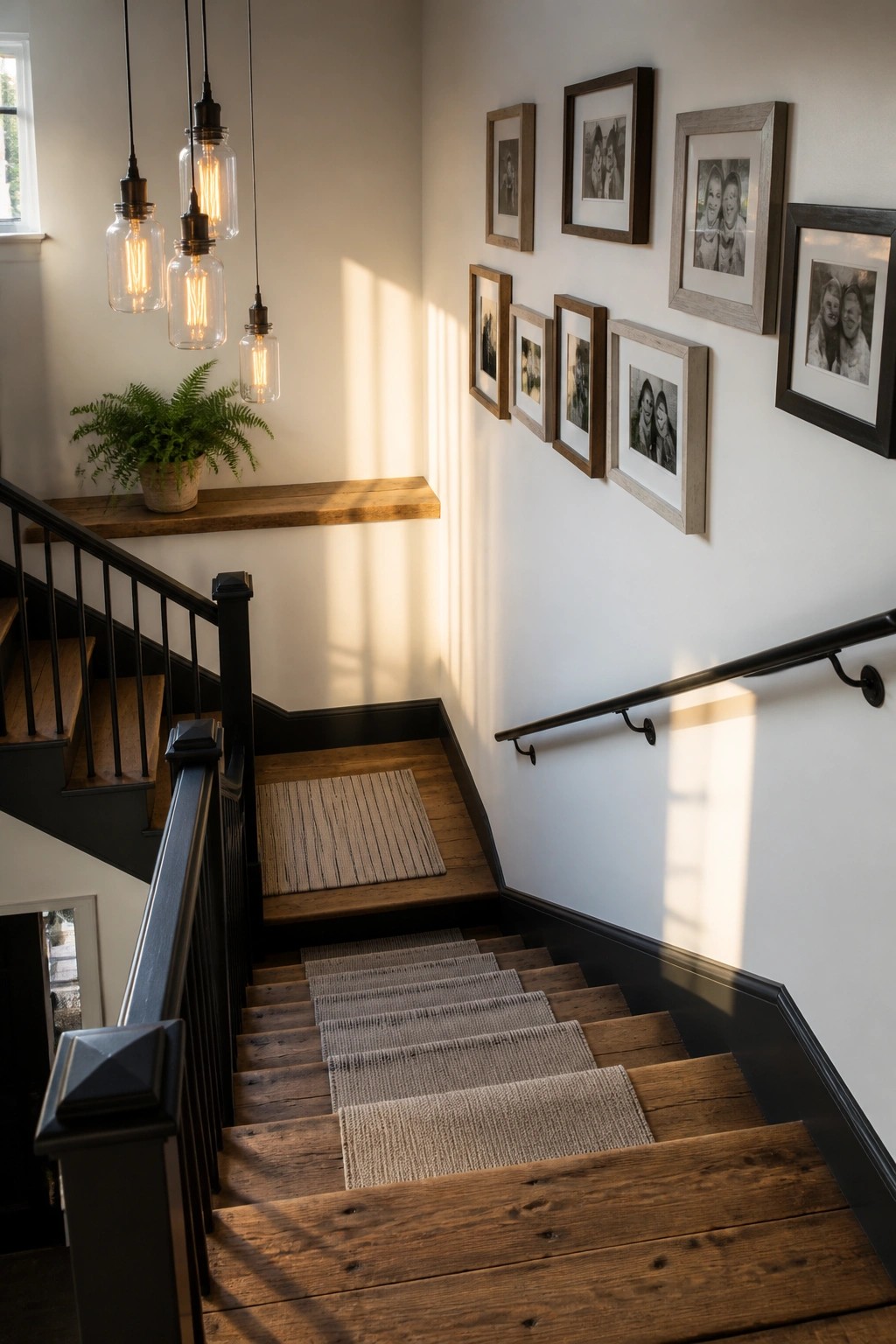 White walls along a wooden staircase with black railings.