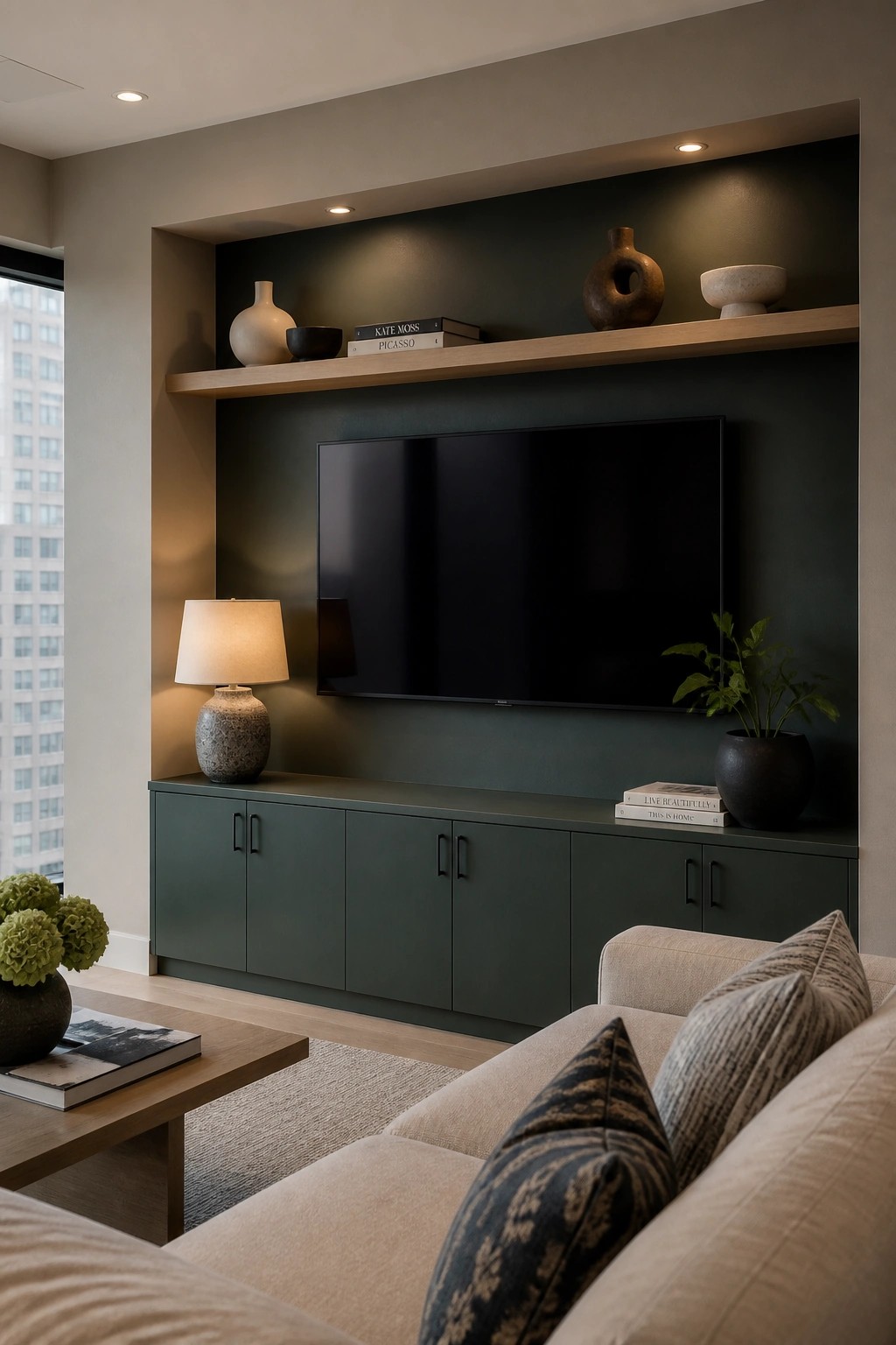 Deep green painted wall and matching cabinetry in a living room.