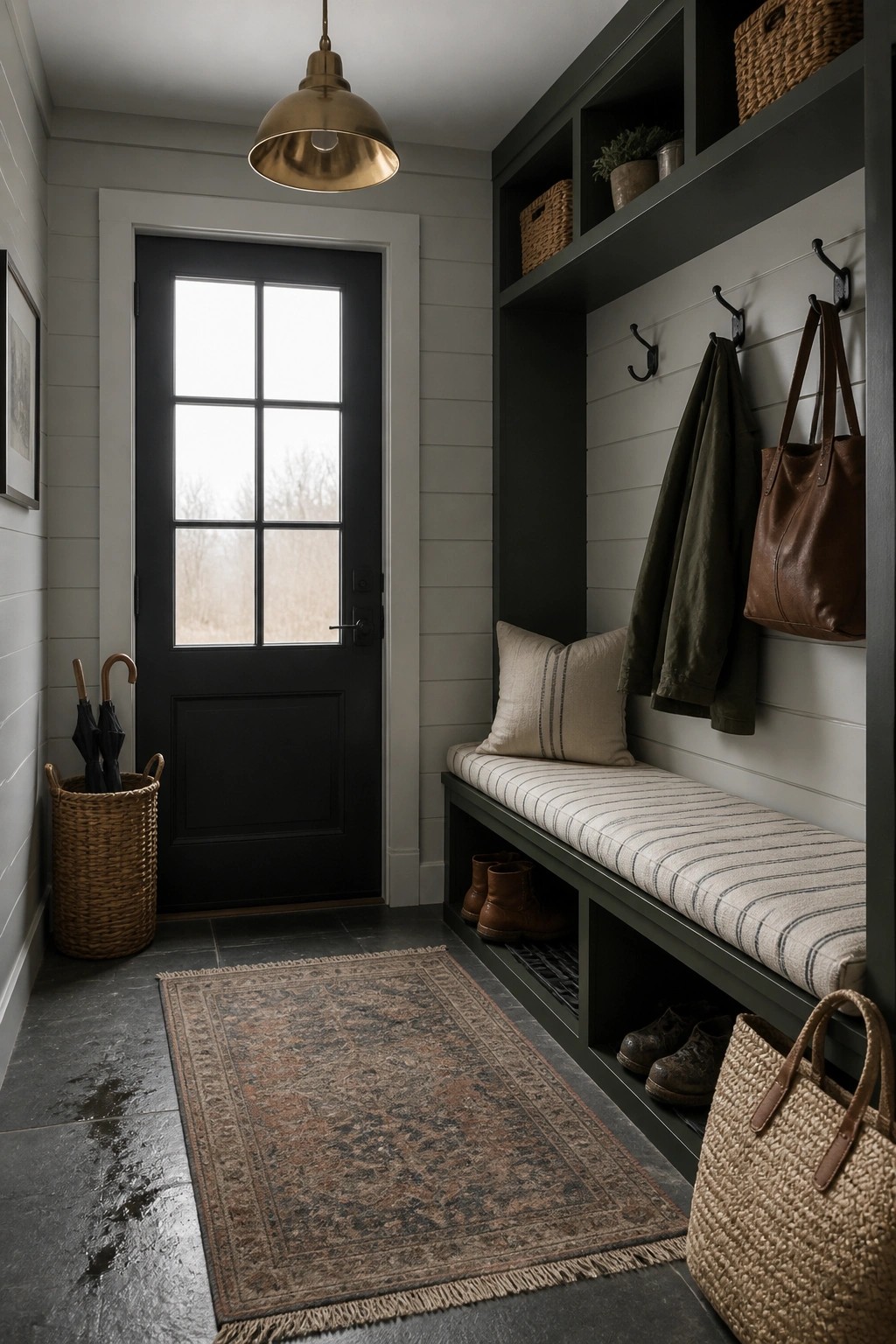 A mudroom featuring deep green built-in bench and shelving against light gray walls.