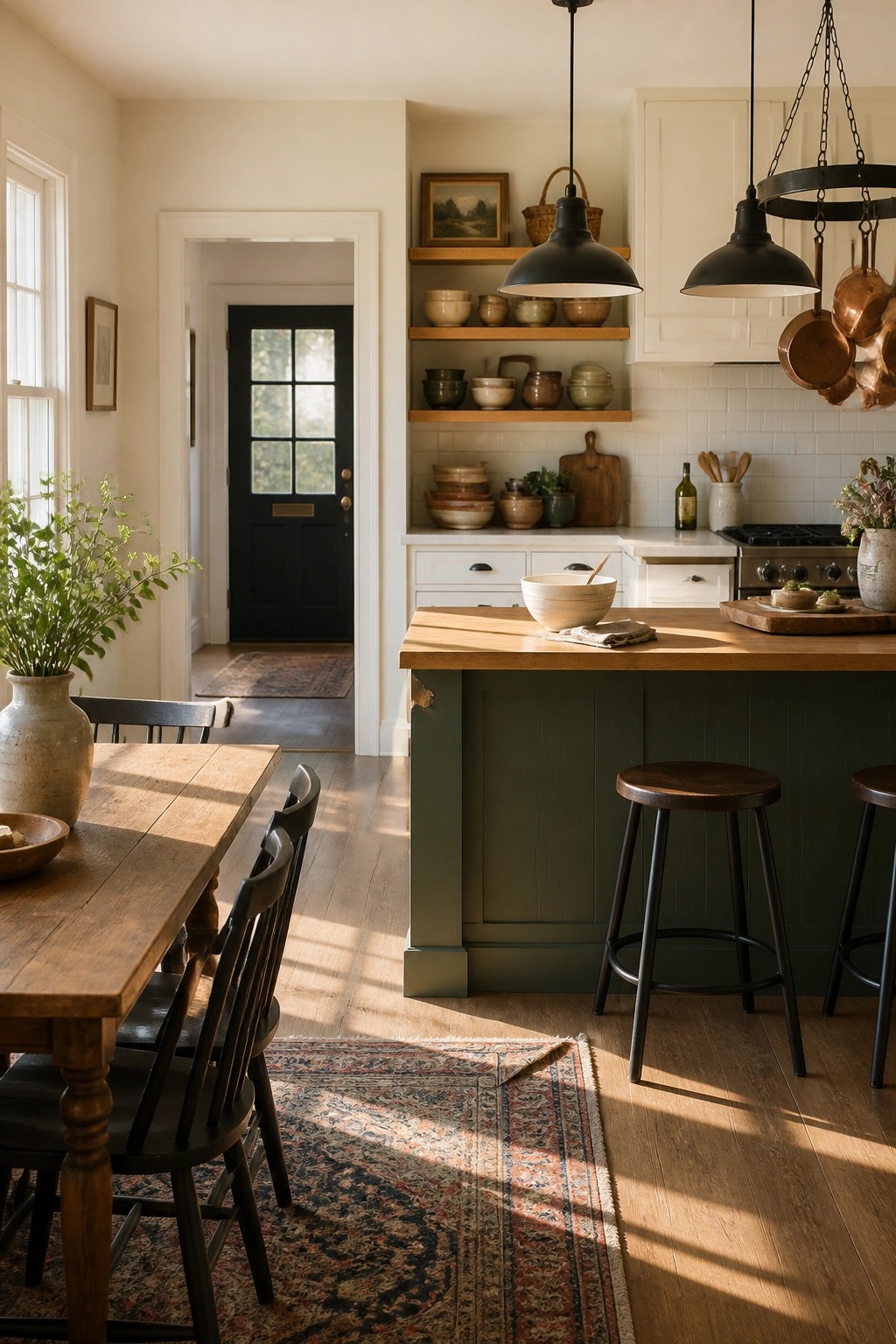 A kitchen island painted deep green with a wooden countertop and black stools.