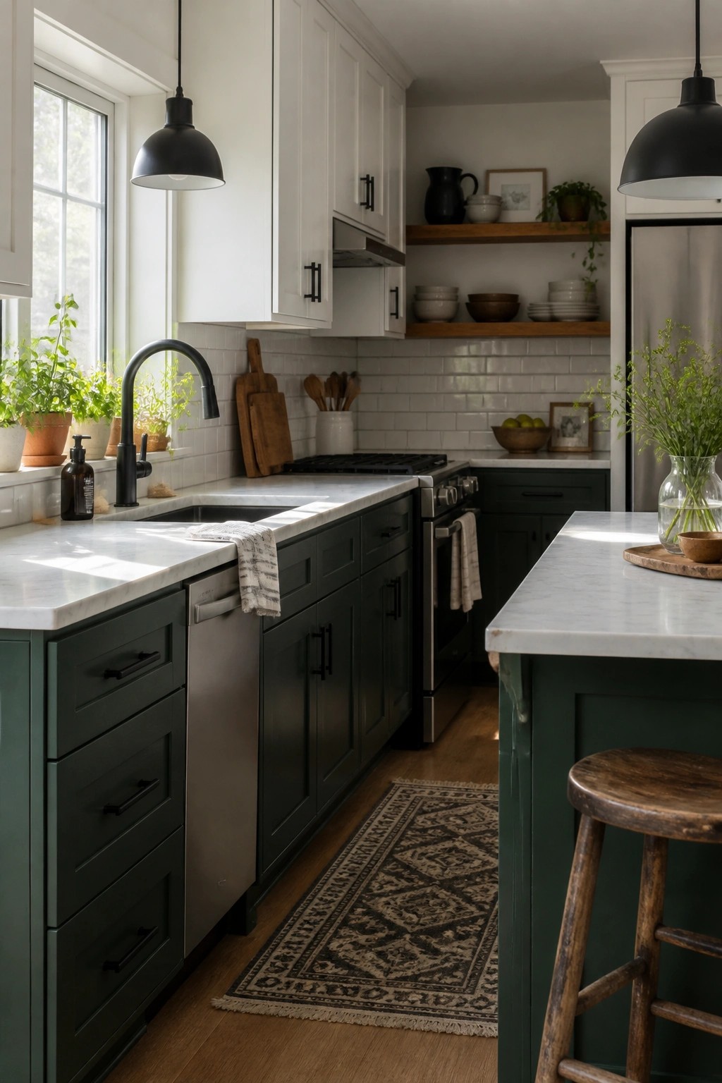 Dark green kitchen cabinets with white walls and marble countertops.