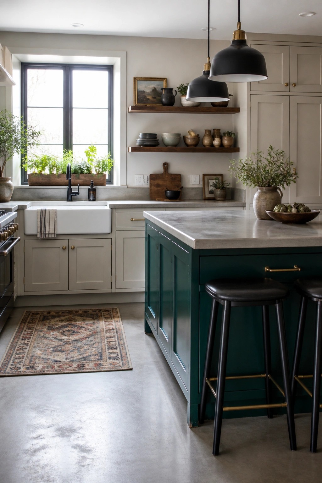 A kitchen island painted in deep green with light neutral cabinets around it.