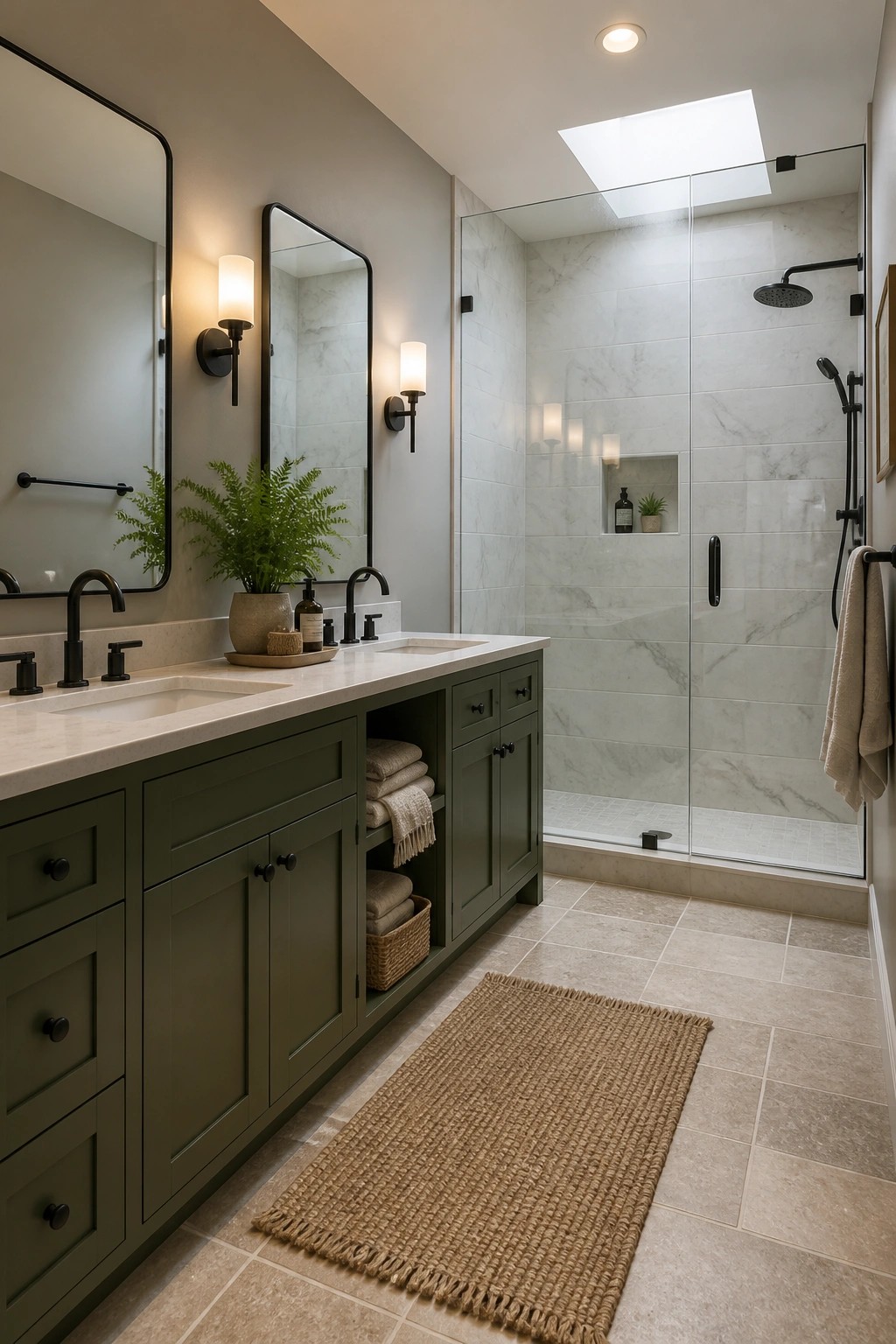 Deep green painted vanity cabinets in a bathroom with white countertops and black fixtures.